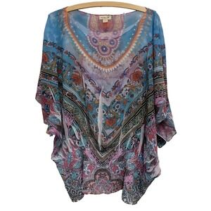 One World Live And Let Live Womens Top 1X Floral Chiffon BOHO Festival Blouse